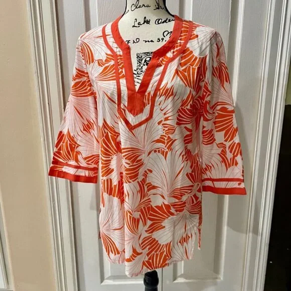 J.CREW TROPICAL PREPPY TUNIC MINI DRESS 3/4 SLEEVE FLORAL BOHO 70’ STYLE SZ M - Picture 4 of 13